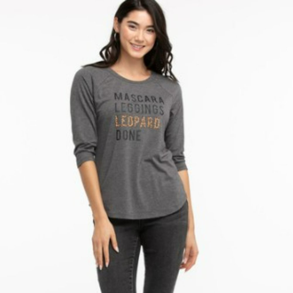 "Mascara, Leggings, Leopard, Done" 3/4 Sleeve Graphic Tee